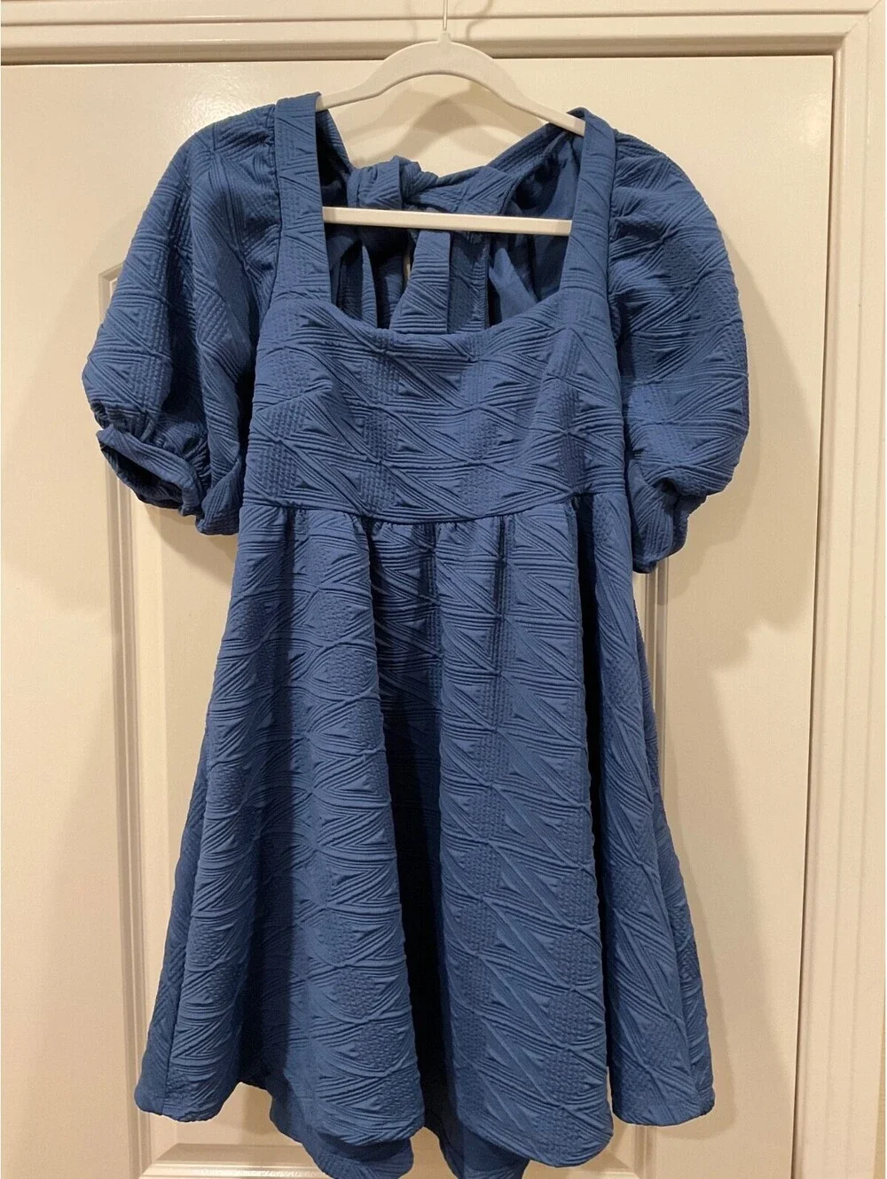Free People Violet Dress Blue Textured Matelasse Puff Sleeve Open Bow Back Sz S